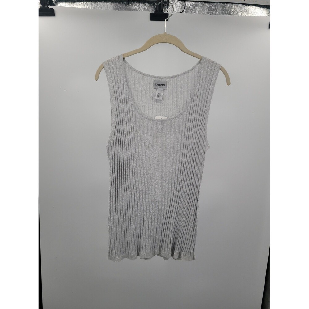 New Chico's Silver Metallic Luster Tank Top Sz XL Ribbed Stretchy Elevated Basic